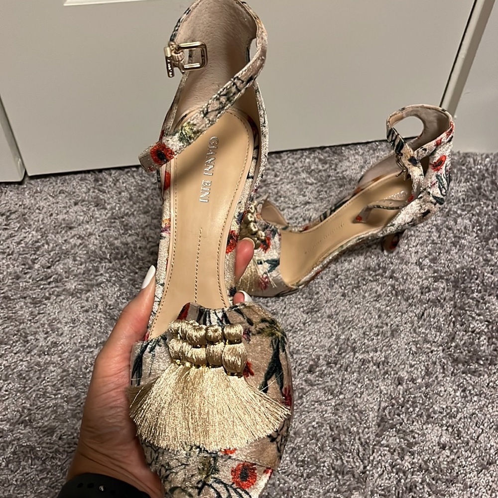 Gianni Bini Floral Print Heeled Sandals with Gold Tassels - Picture 6 of 12